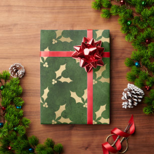 Elegant green & gold Christmas flower pattern Wrapping Paper