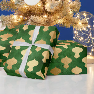Elegant green gold Christmas ornaments pattern Wrapping Paper