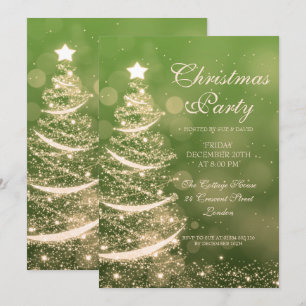 Elegant Green & Gold Christmas Party Sparkle Invitation