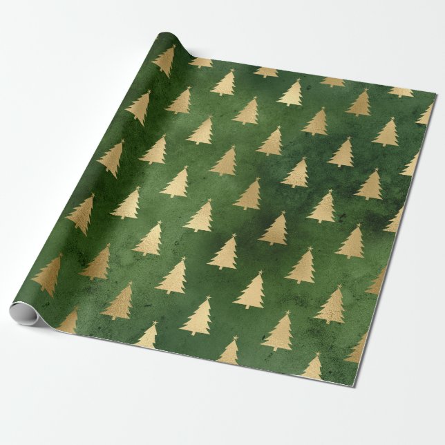 Elegant green & gold Christmas tree pattern Wrapping Paper (Unrolled)