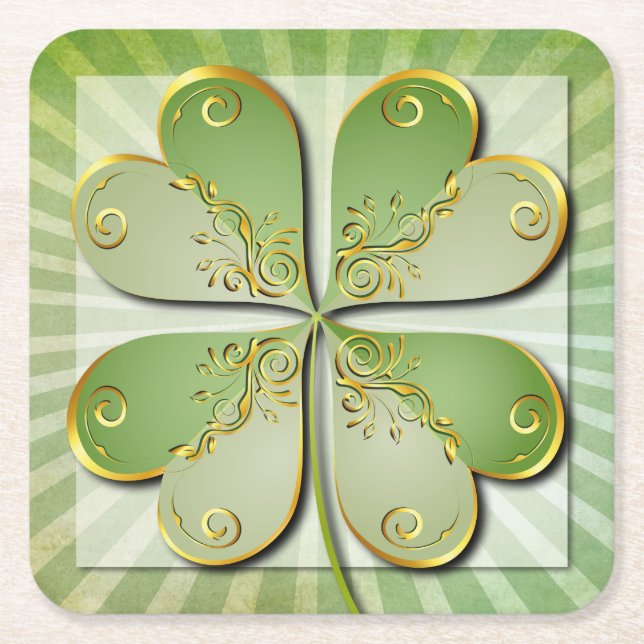 Elegant Green Gold Clover St Patrick's Day Party Square Paper Coaster (Front)