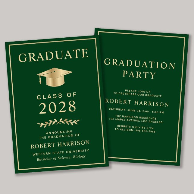 Elegant Green Gold College Graduation Party Invitation (An elegant college graduation party invitation to celebrate the graduate's achievements)