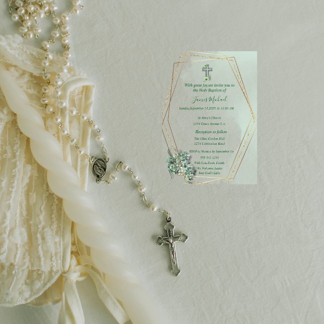 Elégant Green & Gold Cross Baptism Invitation (Créateur téléchargé)