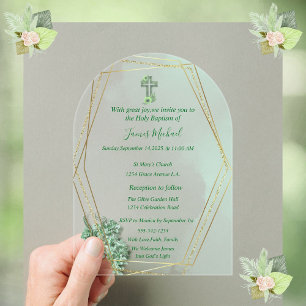 Elégant Green & Gold Cross Baptism Invitation