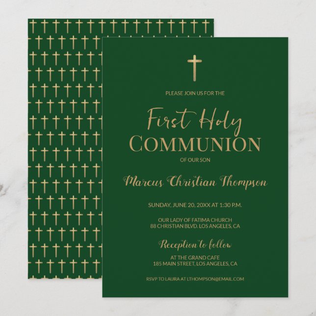 Elegant Green Gold Cross Boy First holy communion  Invitation (Front/Back)