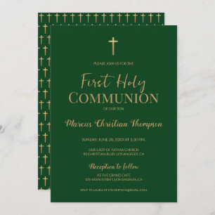 Elegant Green Gold Cross Boy First holy communion Invitation