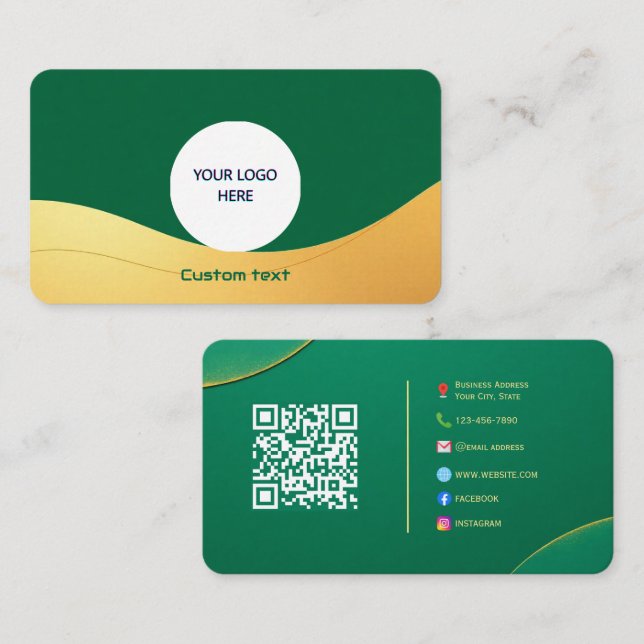 Elegant Green & Gold Custom Business Card with QR  (Front/Back)