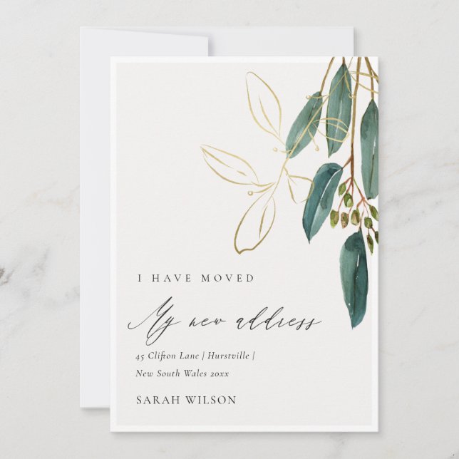 Elegant Green Gold Eucalyptus I have Moved Card (Front)