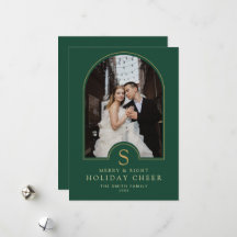 Elegant Green Gold Family Christmas Photo Greeting