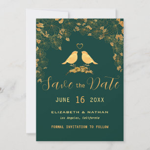 Elegant Green & Gold Floral Birds Custom Photo Save The Date