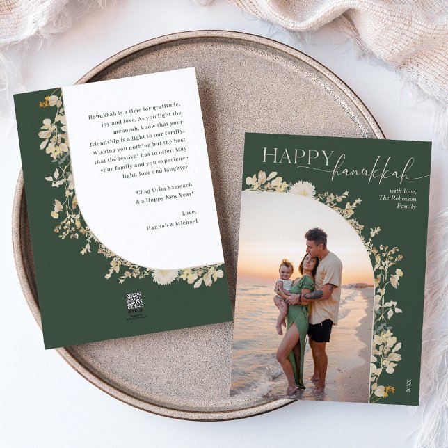 Elegant Green Gold Floral Happy Hanukkah  Holiday Card (Creator Uploaded)