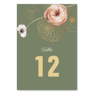 Elegant Green & Gold Floral Table Number Card