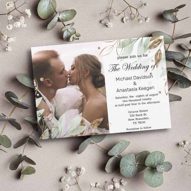 elegant green gold floral wedding photo invitation (Creator Uploaded)