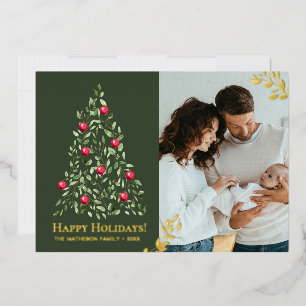 Elegant Green & Gold Foil Botanical Family Photo H Foil Holiday Card