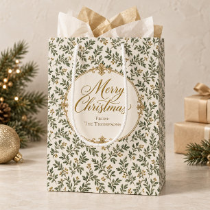Elegant Green Gold Foliage Personalized Medium Gift Bag