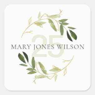 ELEGANT GREEN GOLD FOLIAGE WREATH ANY AGE BIRTHDAY SQUARE STICKER