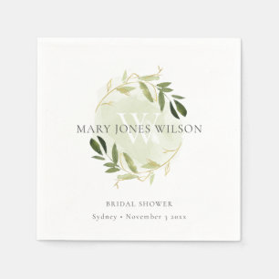 ELEGANT GREEN GOLD FOLIAGE WREATH BRIDAL SHOWER NAPKIN