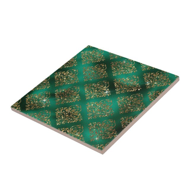 Elegant Green Gold Geometric Pattern Christmas Tile (Side)