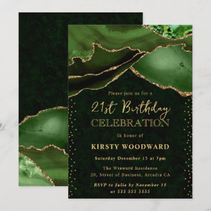 Elegant Green Gold Glitter Agate 21st Birthday Invitation