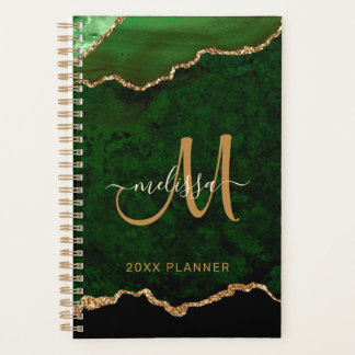 Elegant Green Gold Glitter Agate Monogram 2024 Planner