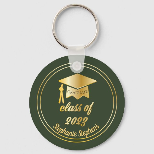 Elegant Green | Gold Graduate Cap Graduation Keych Keychain (Front)