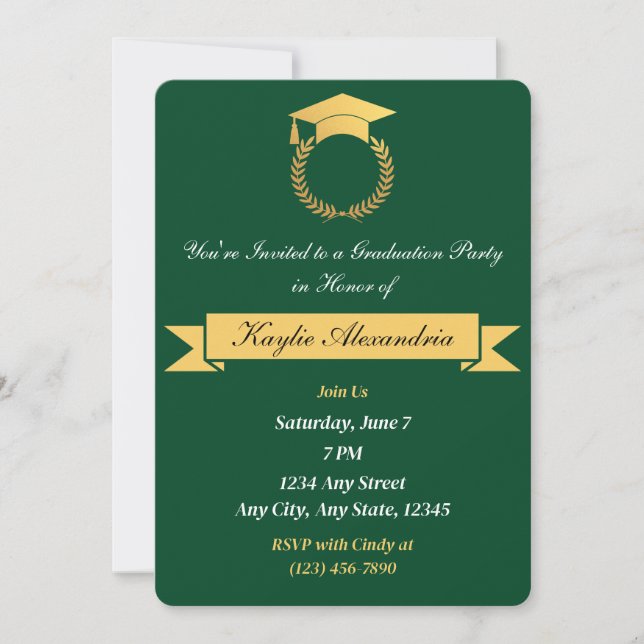 Elegant Green & Gold Graduation Invitation (Front)