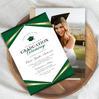 Elegant Green & Gold Graduation Photo Invitation