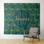 Elegant Green Gold Heart Geometric Art Deco Tapestry<br><div class="desc">This exquisite luxury art deco design showcases a modern geometric heart pattern with a faux gold line heart shape in shades of forest green,  emerald green,  and teal. It is a stunning aesthetic addition to any home decor,  clothing,  accessories,  stationery,  or special occasions.</div>