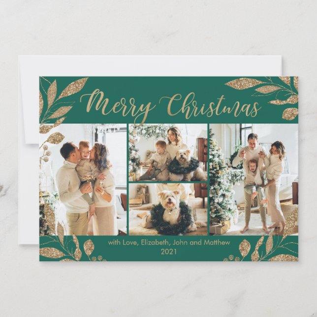 Elegant Green Gold Leaves 4 Photo Christmas Card (Front)