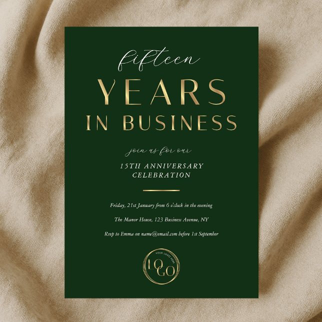 Elegant Green & Gold Logo Business Anniversary Invitation (Creator Uploaded)