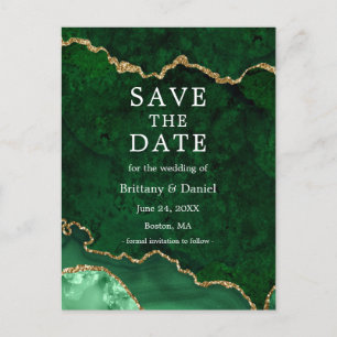 Elegant Green Gold Marble Geode Save The Date Announcement Postcard