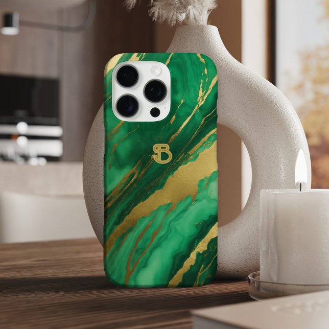 Elegant Green Gold Marble Monogram Case-Mate iPhone Case (Creator Uploaded)