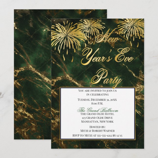 Elegant Green | Gold Marble New Years Eve Party Invitation (Front/Back)