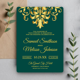 Elégant Green Gold Mariage damassé Invitation