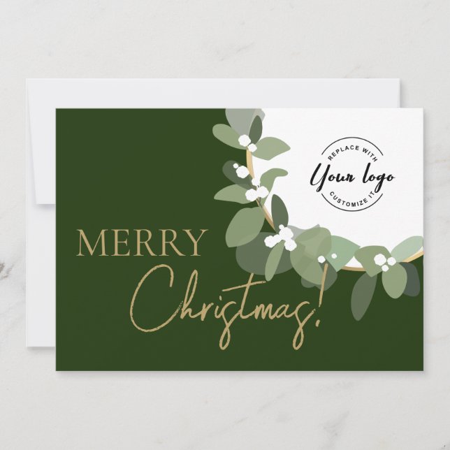 Elegant Green gold Merry Christmas Company Logo  Holiday Card (Front)