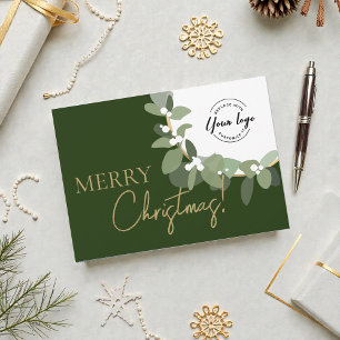 Elegant Green gold Merry Christmas Company Logo  Holiday Card