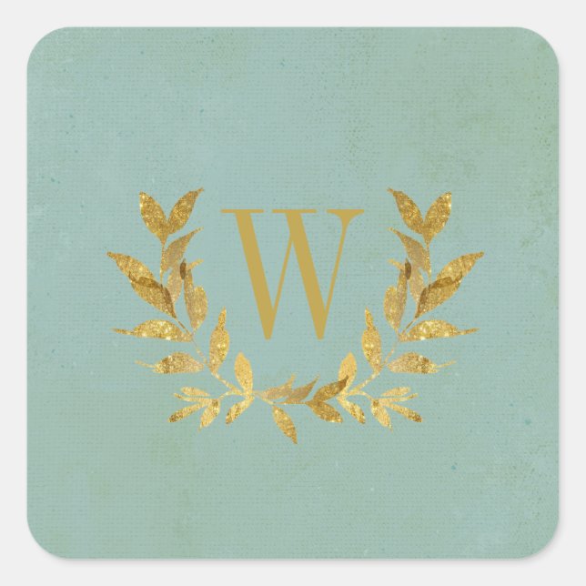 Elegant Green Gold Modern Monogram Wedding Square Sticker (Front)