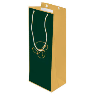 Elegant Green & Gold Monogram Script Name Wine Gift Bag