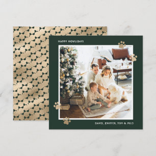 Elegant Green Gold Paw Photo Happy Howlidays Holiday Card