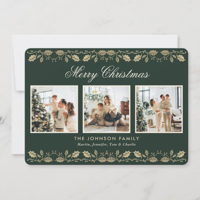 Elegant Green Gold Photo Collage Christmas Card (Front)