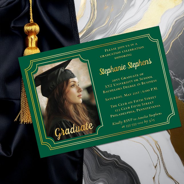 Elegant Green & Gold Photo Graduation Party  (Elegant Hunter Green and Gold Foil Graduation Party Invitation with Photo and Scalloped Frame)