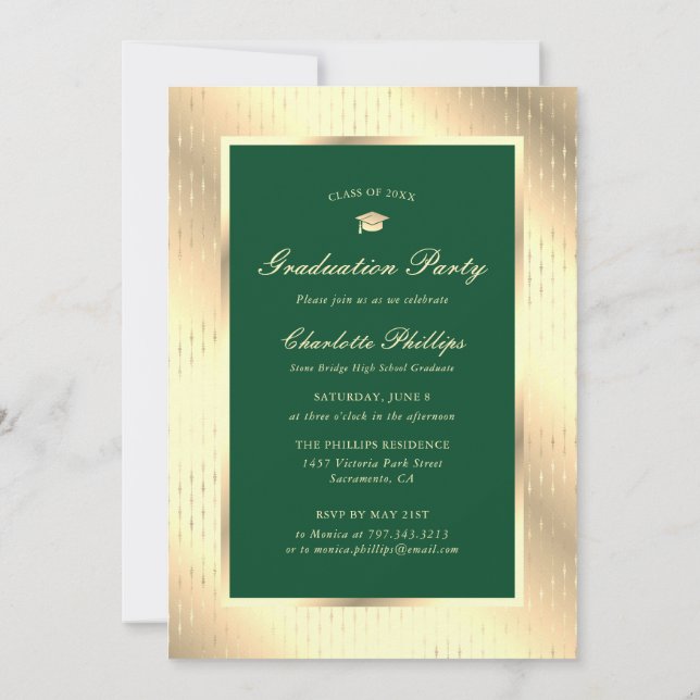 Elegant Green Gold Photo Graduation Party Invitation (Back)