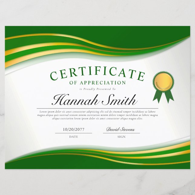Elegant Green Gold Professional Certificate Award (Front)