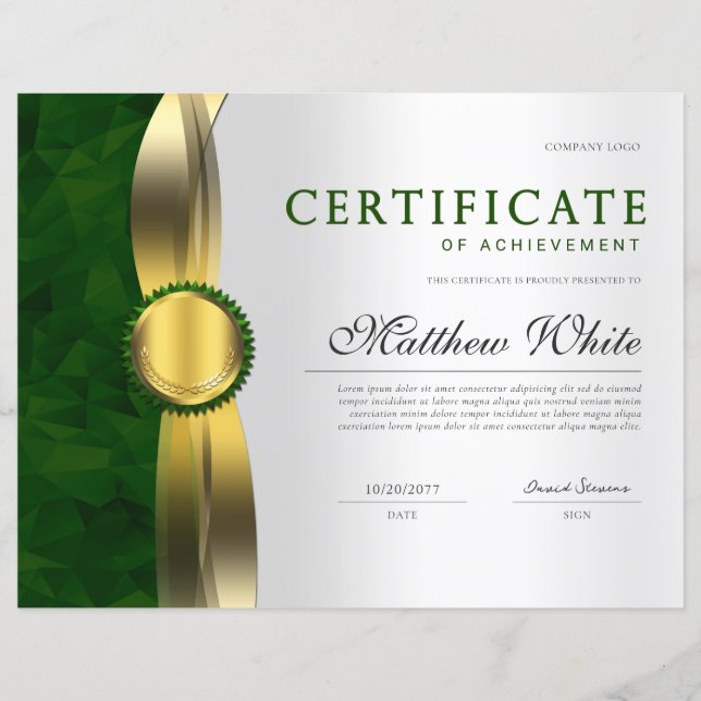 Elegant Green Gold Professional Certificate Award (Front)