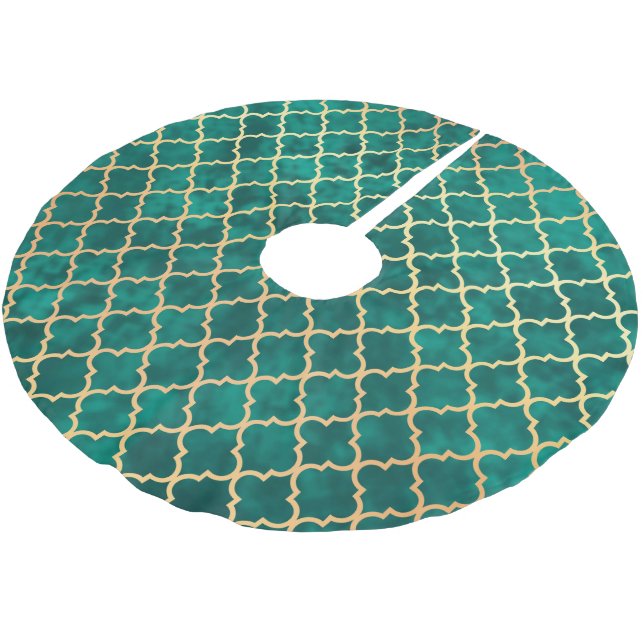 Elegant Green Gold Quatrefoil Pattern Brushed Polyester Tree Skirt (Angled)