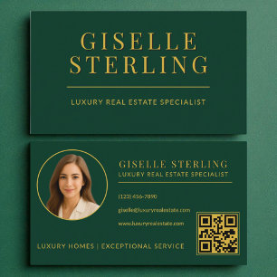 Elegant Green Gold Real Estate Agent QR Code Business Card