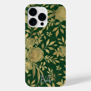 Elegant Green Gold Roses Floral Design iPhone 14 Pro Max Case