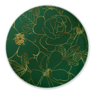 Elegant Green Gold Roses Floral Line Drawing Ceramic Knob