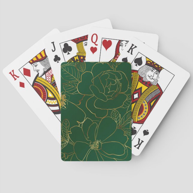 Elegant Green Gold Roses Floral Line Drawing Playing Cards (Back)