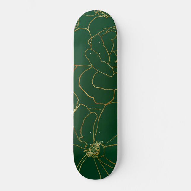 Elegant Green Gold Roses Floral Line Drawing Skateboard (Front)